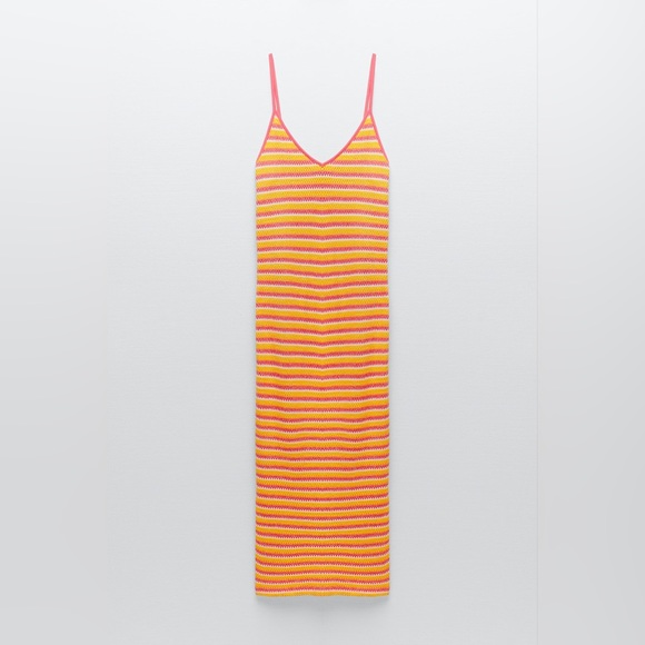 ✨NWT Zara Orange Yellow Striped Jacquard Crochet Knit Midi Dress Size Large - Picture 12 of 12